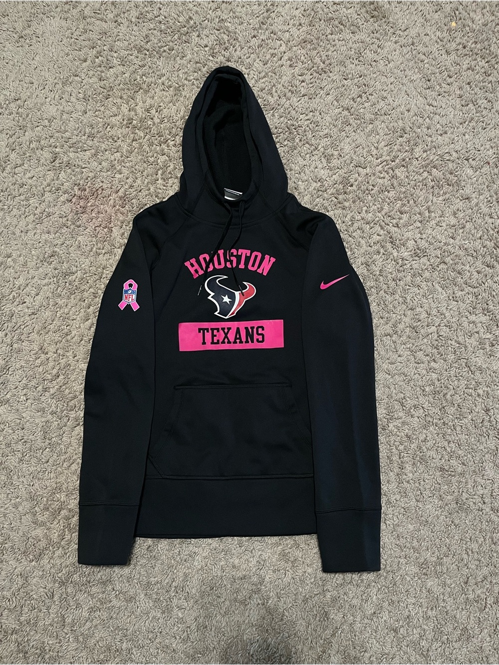 Nike Women Black Houston Texans Hoodie Sweatshirt Size Small Pink Cancer Ribbon